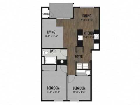 Floor plan for 2 beds, 1 bath, 844 sqft